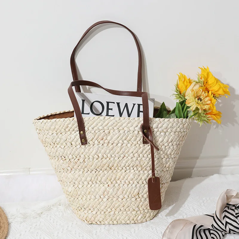 

corn husk portable straw woven bag Women's shoulder versatile hand woven bag portable vegetable basket bag Holiday Beach Bag