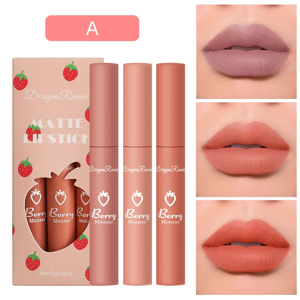 

3 Strawberry Set Cosmetics Velvet Mist Matte Lip Glaze Lipstick Lip Gloss Female Non-stick Cup Cosmetics Female Makeup Cosmetics