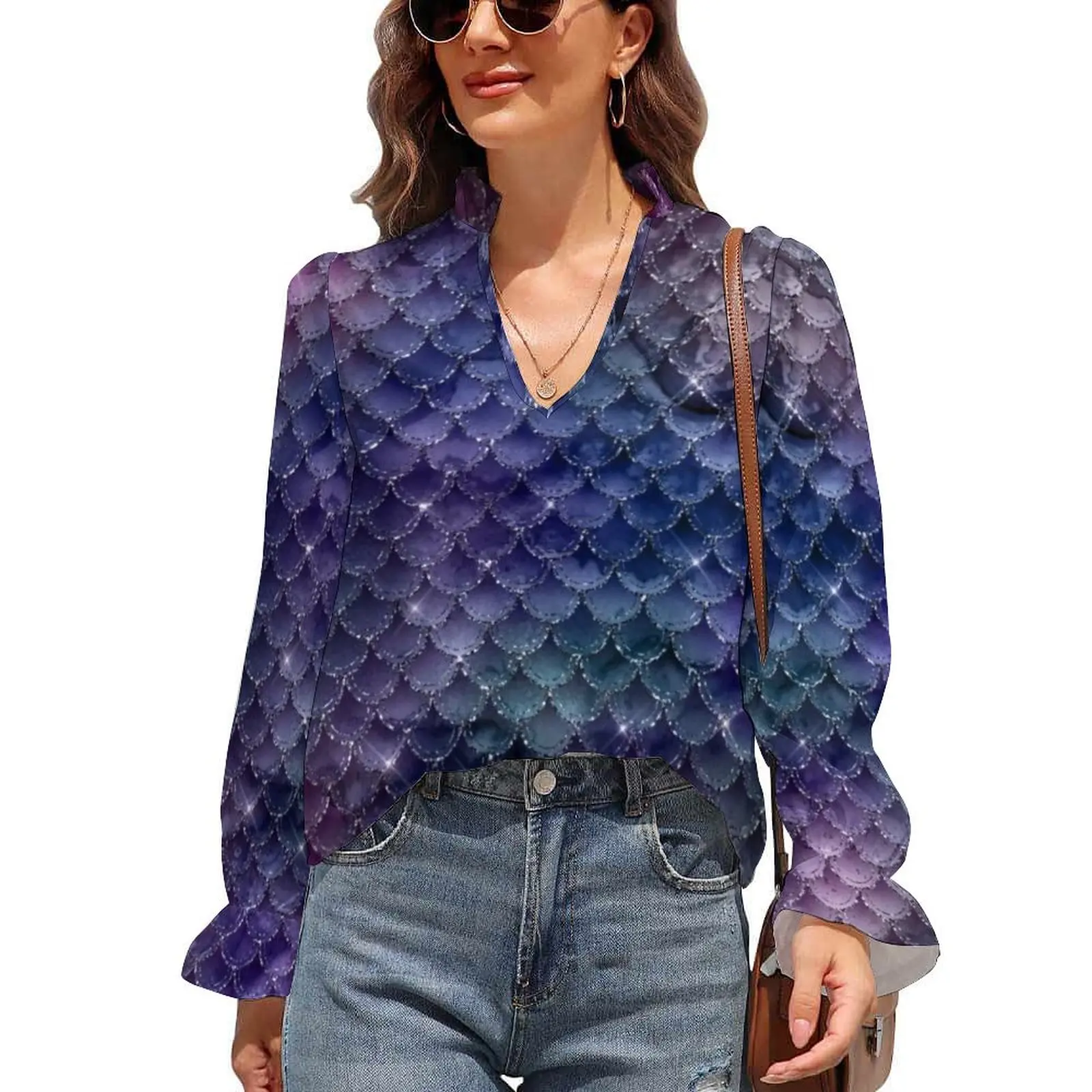 Glitter Mermaid Scales Chiffon Blouse Violet Indigo Print Office Work Blouses Long Sleeve Street Style Shirt Autumn V Neck Tops
Glitter Mermaid Scales Chiffon Blouse Violet Indigo Print Office Work Blouses Long Sleeve Street Style Shirt Autumn V Neck Tops