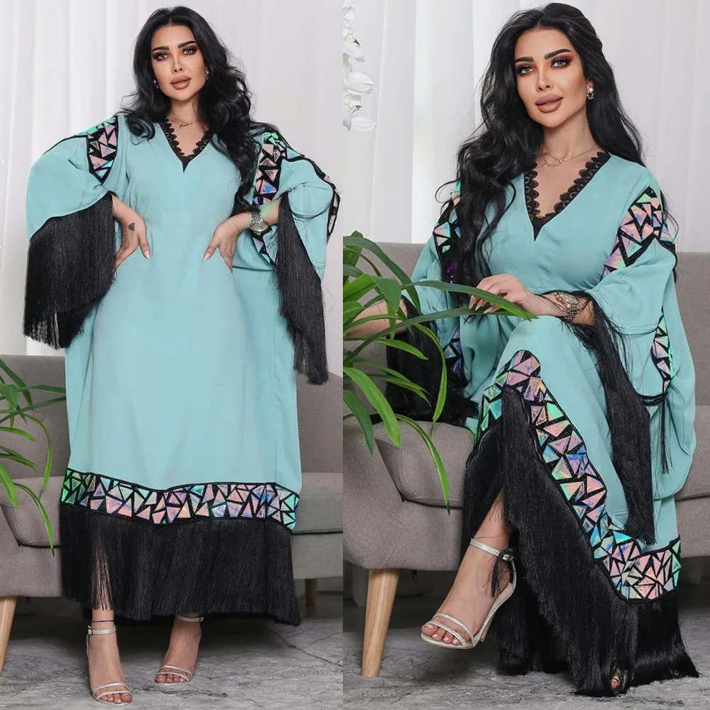 

Eid Mubarak Women Muslim Loose Tassel Sequin Abaya Maxi Dress Turkey Dubai Kaftan Party Ramadan Islam Arab Morocco Jalabiya Gown