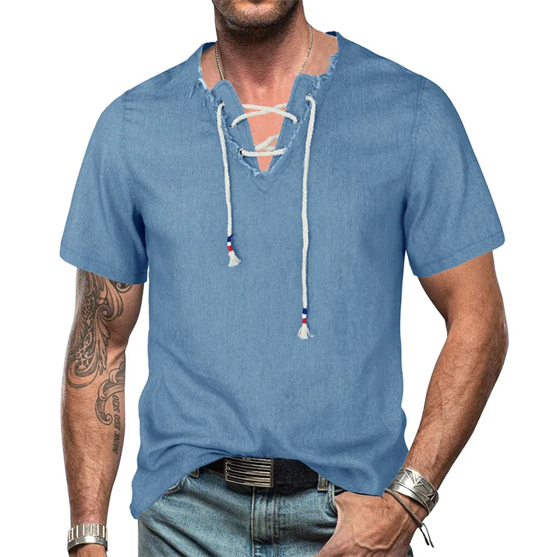 Summer Men's Denim T Shirt Male V-neck Lace-up Tassel Top Fashion Men's Short Sleeve Tee Mens Outdoor Clothing
Summer Men's Denim T Shirt Male V-neck Lace-up Tassel Top Fashion Men's Short Sleeve Tee Mens Outdoor Clothing