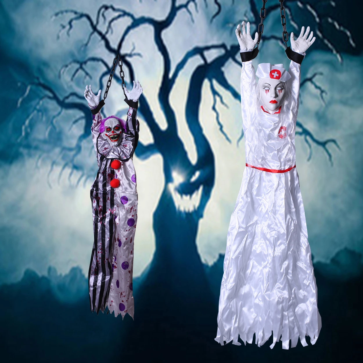 Хэллоуин, страшный подвесной призрак, Электрический реалистичный клоун, медсестра со звуками, страшный дом с привидениями, украшение для фотографий
Хэллоуин, страшный подвесной призрак, Электрический реалистичный клоун, медсестра со звуками, страшный дом с привидениями, украшение для фотографий