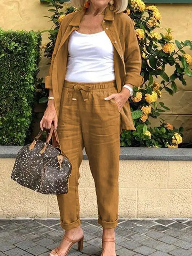 2022 Summer Retro Loose Outfit Women Cardigan Button Shirt Tops+Pocket Long Pants Suit Casual Cotton Linen Solid Two Piece Sets
2022 Summer Retro Loose Outfit Women Cardigan Button Shirt Tops+Pocket Long Pants Suit Casual Cotton Linen Solid Two Piece Sets