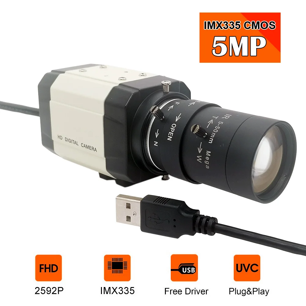 HD 2.8-12mm/5-50mm Varifocal Zoom Lens 5MP CMOS IMX335 30fps 2592x1944 MJPG High Speed UVC OTG USB Webcam PC Camera
HD 2.8-12mm/5-50mm Varifocal Zoom Lens 5MP CMOS IMX335 30fps 2592x1944 MJPG High Speed UVC OTG USB Webcam PC Camera