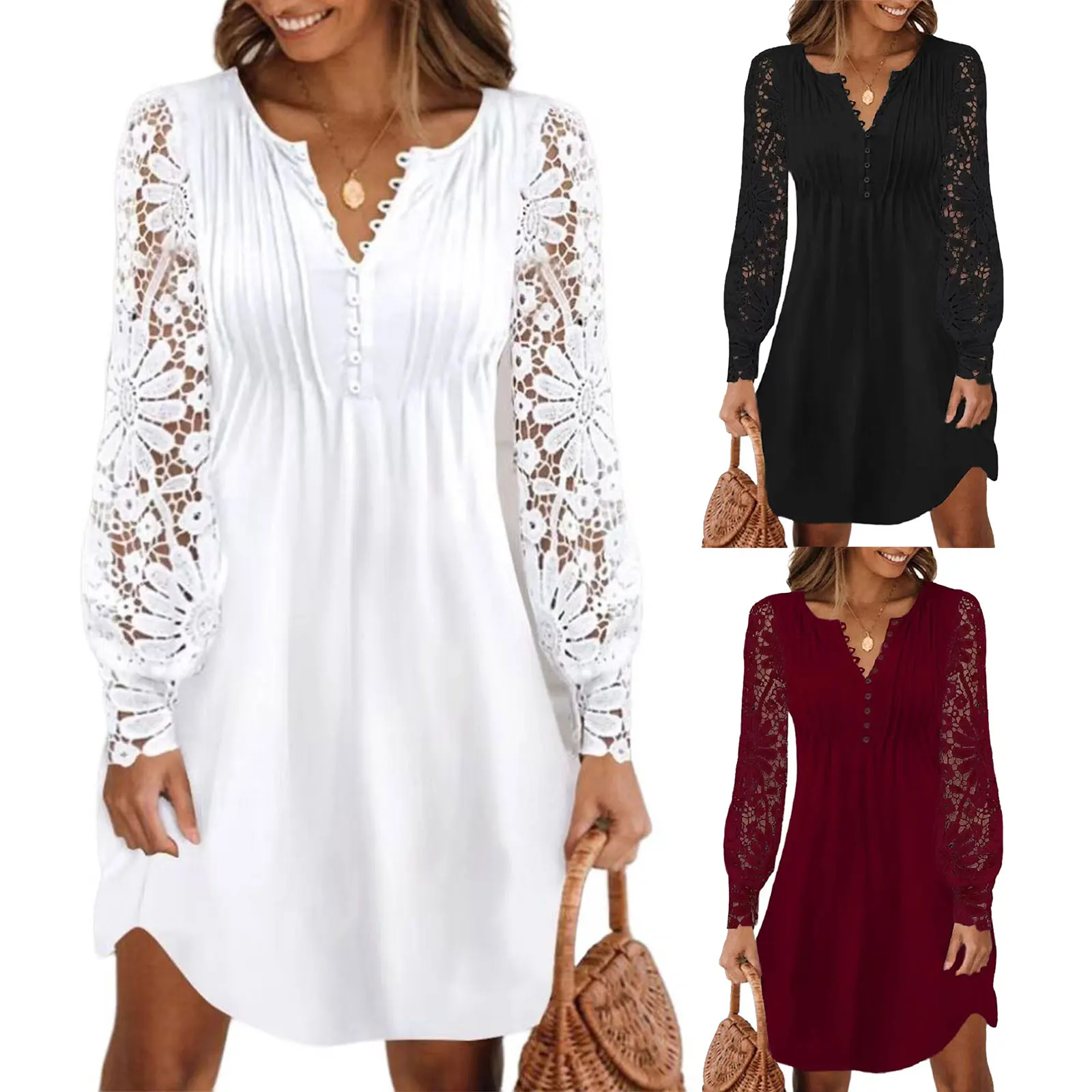 Women's Fashion A-Line Dress Buttons V-neck Floral Lace Long Sleeve Mini Party Dress Female Fall Casual Clothes
Women's Fashion A-Line Dress Buttons V-neck Floral Lace Long Sleeve Mini Party Dress Female Fall Casual Clothes
