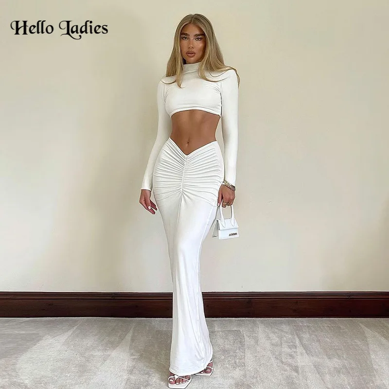 

HL Sexy Kinked Breast Wrapped Expose The Navel 2 Pieces Outfits for Women Club Party White Long Sleeve Ruched Top and Skirt Sets