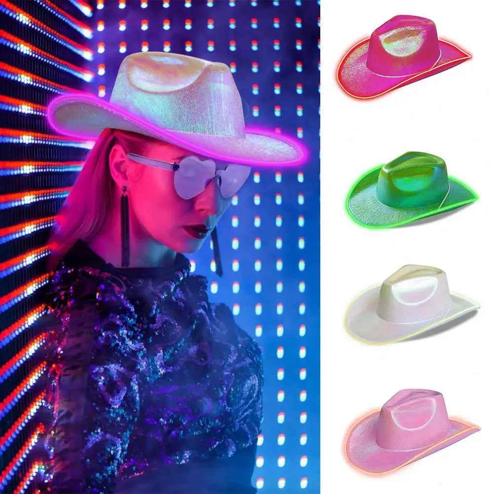 

Neon Sparkly Glitter Space Cowboy Hat Fun Holographic LED Light Jazz Hat Party Disco Dress Up Cowboy Hat Western style illusion