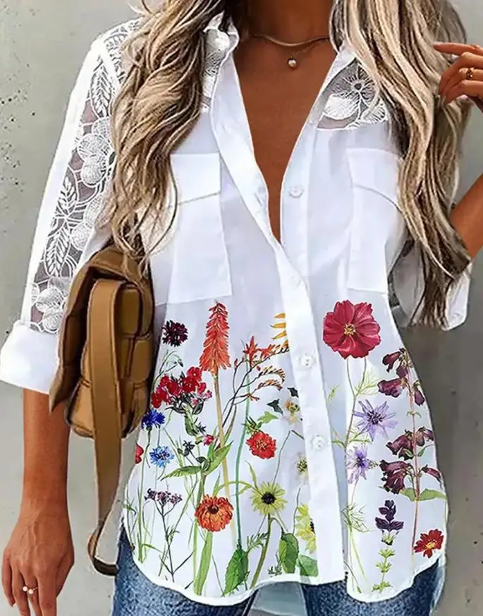 Floral Print Lace Patch Button Front Top Casual Shirt new fashion woman blouses 2022 Female clothing spring summer outfits
Floral Print Lace Patch Button Front Top Casual Shirt new fashion woman blouses 2022 Female clothing spring summer outfits
