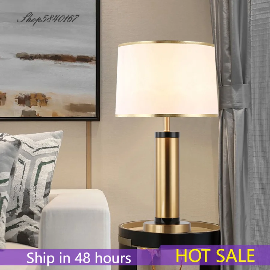 

Modern Copper Table Lamp Minimalist Beside Lamp for Bedroom Living Room Foyer Decor Study Desk Light Fabric Lampshade E27 Lights