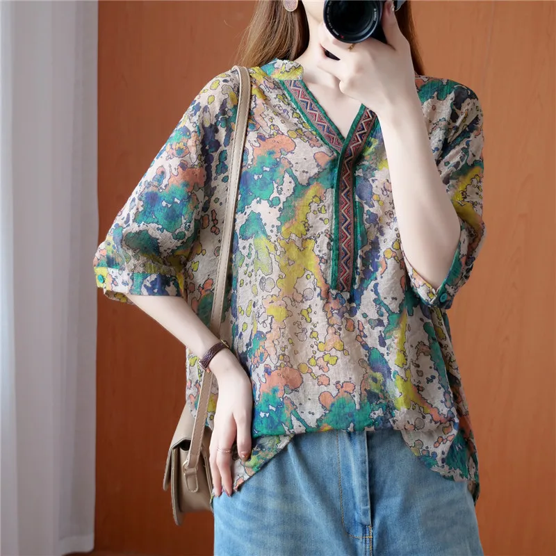 Cotton Linen Floral Women Blouse Summer Vintage 2022 V-Neck Half Sleeved Loose Elegant Female Pulls Outwear Tops
Cotton Linen Floral Women Blouse Summer Vintage 2022 V-Neck Half Sleeved Loose Elegant Female Pulls Outwear Tops