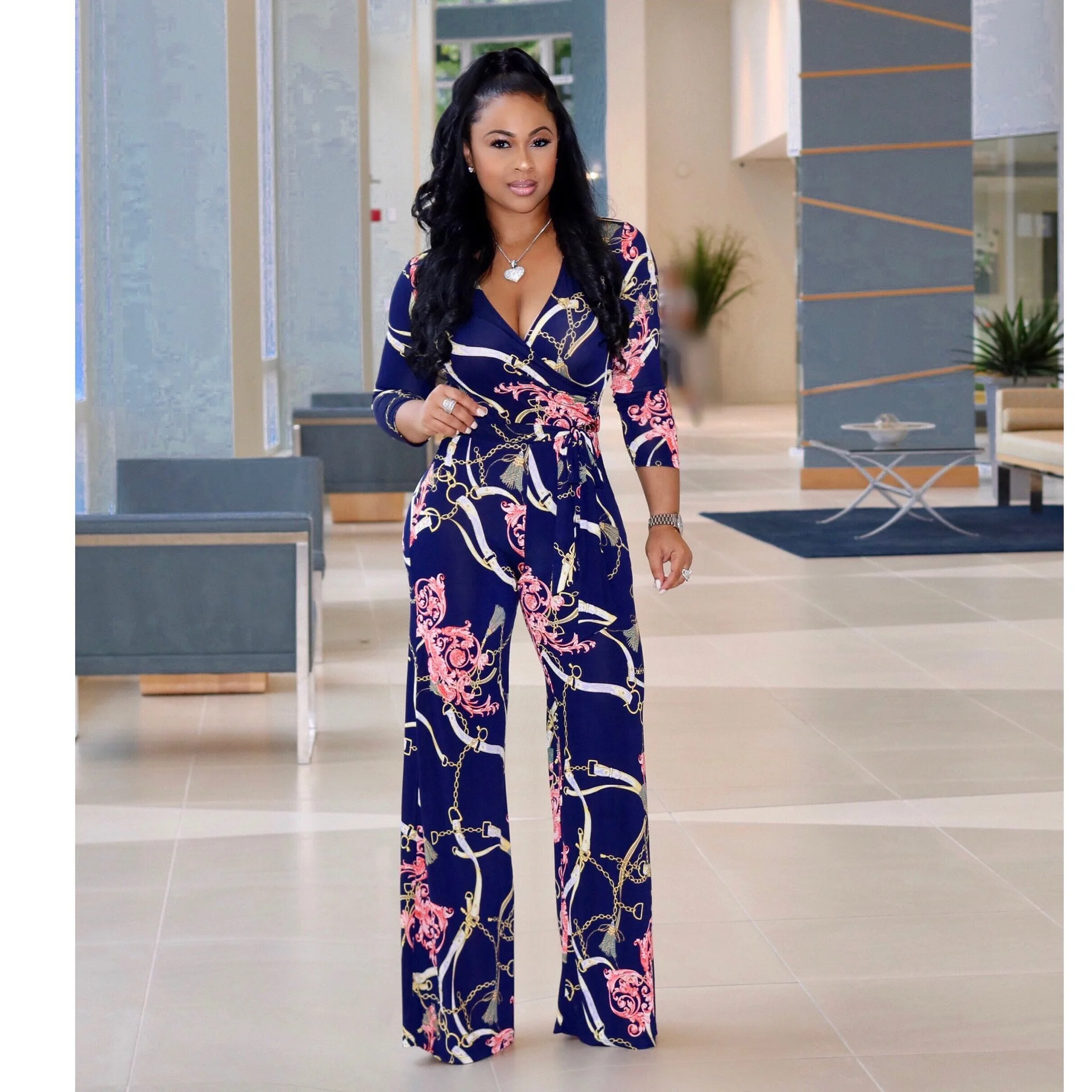 Spring/Summer Women's Commuter Sexy Print V-Neck Long Sleeve Lace up High Waist Lace up Women's Long jumpsuit
Spring/Summer Women's Commuter Sexy Print V-Neck Long Sleeve Lace up High Waist Lace up Women's Long jumpsuit