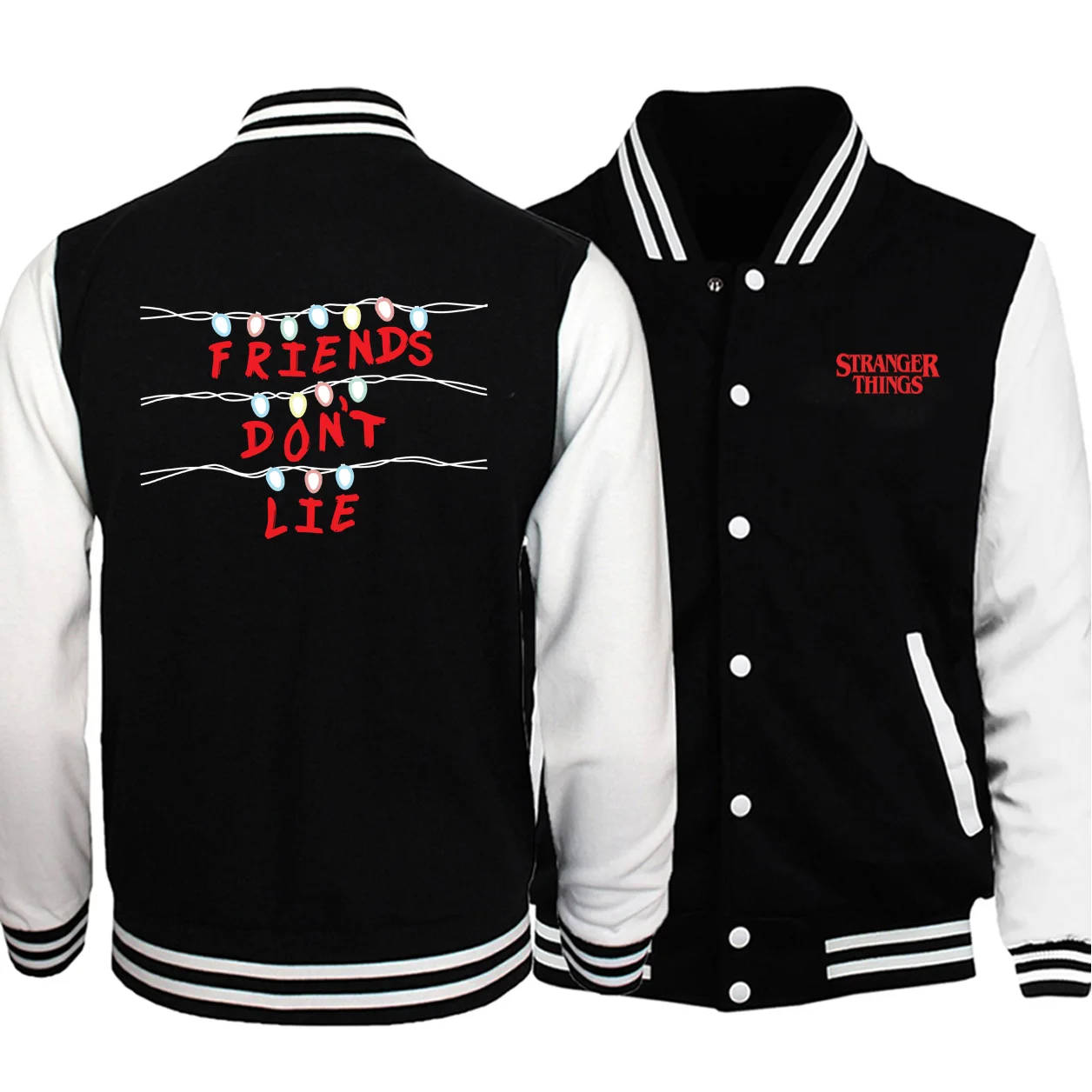 Men black stranger things print baseball jackets color matching collar jackets 2019 autumn winter long sleeve fleece sweatshirt
Men black stranger things print baseball jackets color matching collar jackets 2019 autumn winter long sleeve fleece sweatshirt