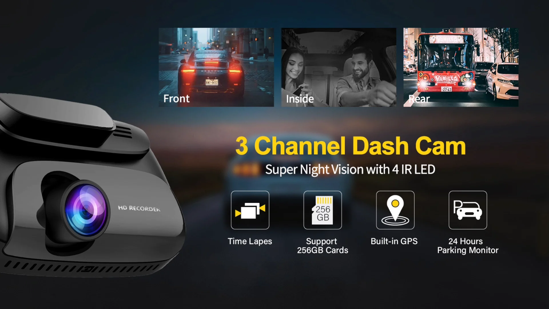 3 channel Dash Cam 3 lens Car driving recorder Built in GPS car black box with 170Wide Angle WDR Night Vision
3 channel Dash Cam 3 lens Car driving recorder Built in GPS car black box with 170Wide Angle WDR Night Vision