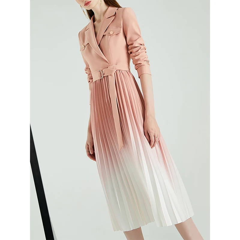 

LY VAREY LIN New Spring Autumn Lady Slim Long Sleeve Gradient Lace-up Dress Women Fashion A-line Pleated Medium Length Dress