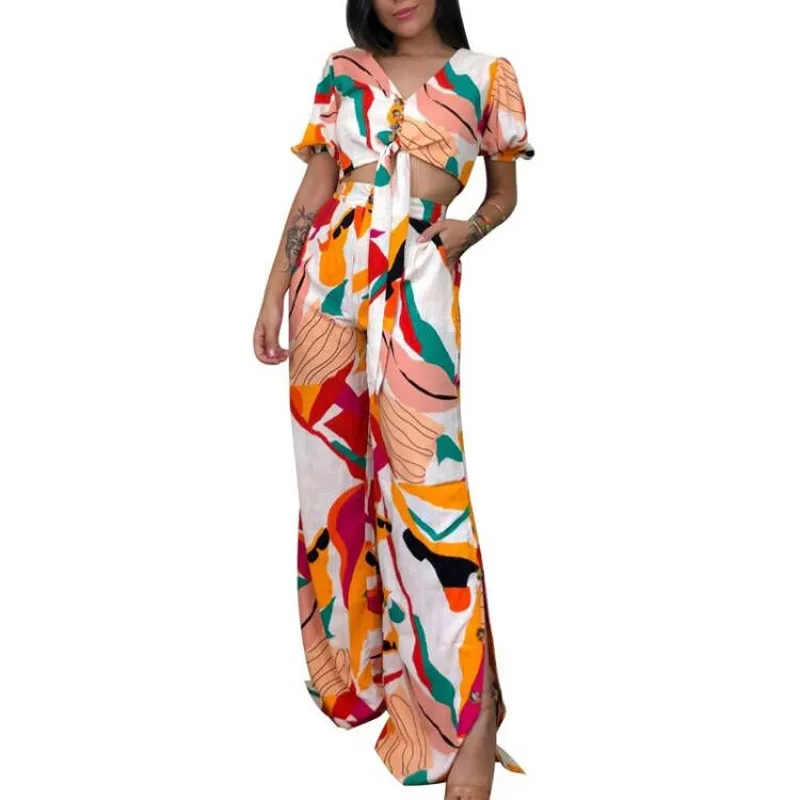 Women Two Piece Set Lace Up Puff Sleeve Crop Top Outfits Summer New Fashion Print Streetwear High Waist Wide Leg Pant Suits Sets 
Women Two Piece Set Lace Up Puff Sleeve Crop Top Outfits Summer New Fashion Print Streetwear High Waist Wide Leg Pant Suits Sets