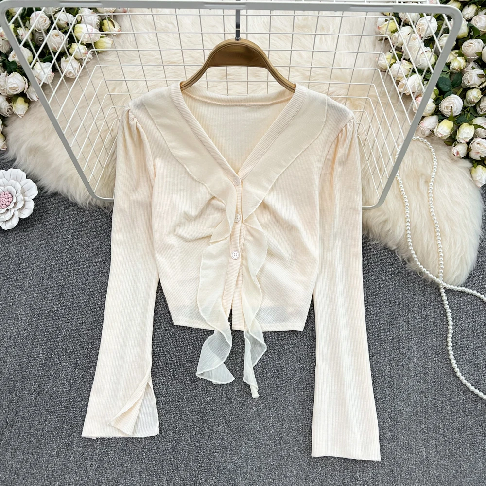 Korean Fashion V Neck Ruffled Blouse Woman Split Puff Long Sleeve Single-breasted Button Blusa Mujer Solid Color Top Dropship
Korean Fashion V Neck Ruffled Blouse Woman Split Puff Long Sleeve Single-breasted Button Blusa Mujer Solid Color Top Dropship