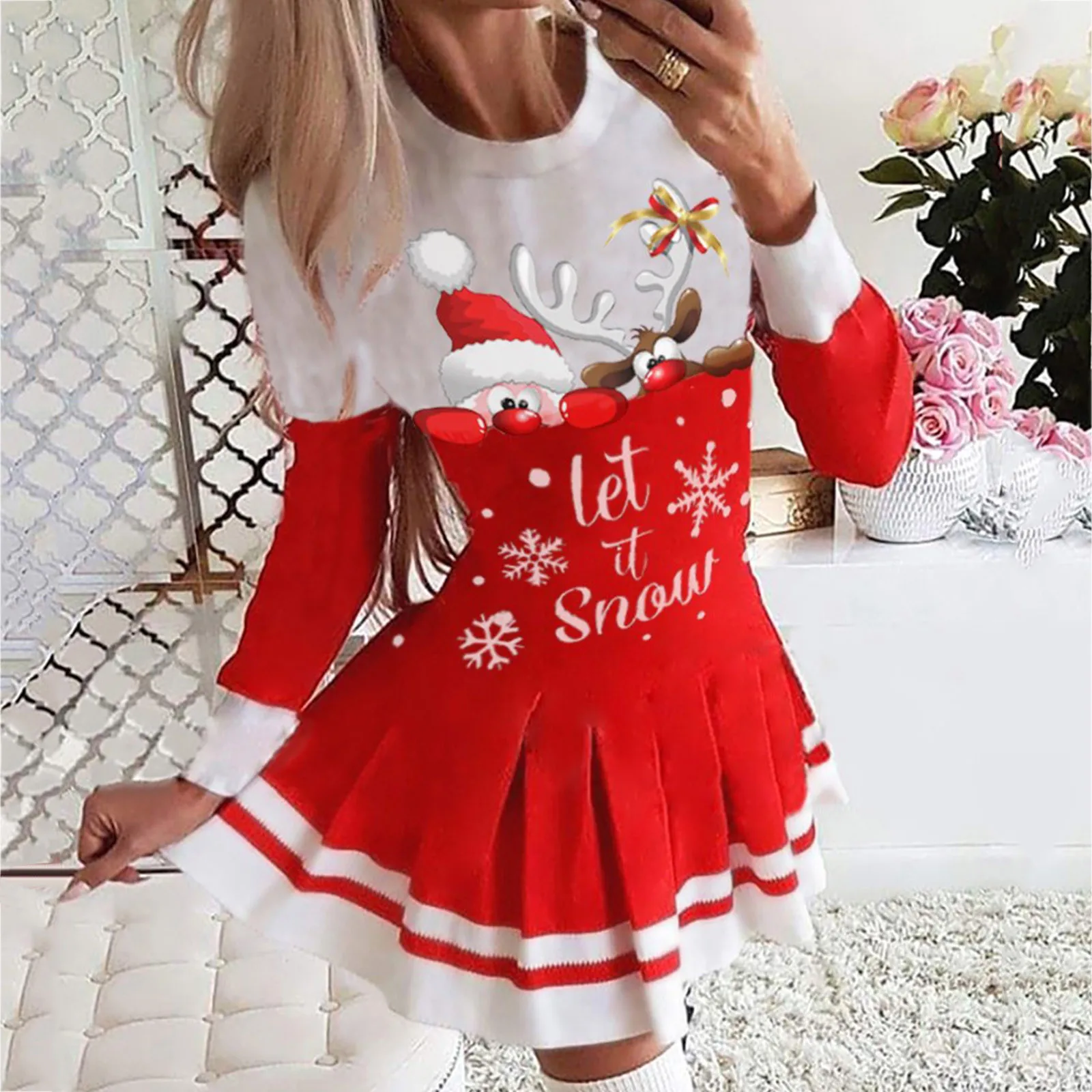 

Women's Autumn And Winter Christmas Cute Christmas Santa Snowflake Moose Print Pleated Dress Fashion High Waist Party Mini Dress