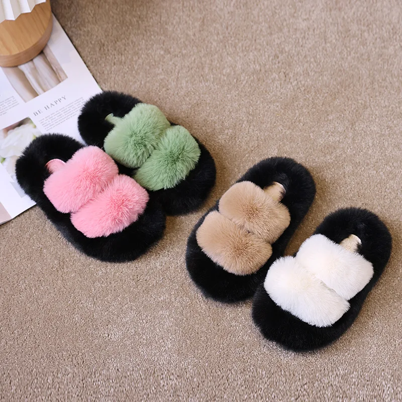 

Fashion T-tied Fluffy Fur Slippers Girls Winter Home Shoes Flat Indoor Floor Shoes New Contras Color Princess House Shoes G09241