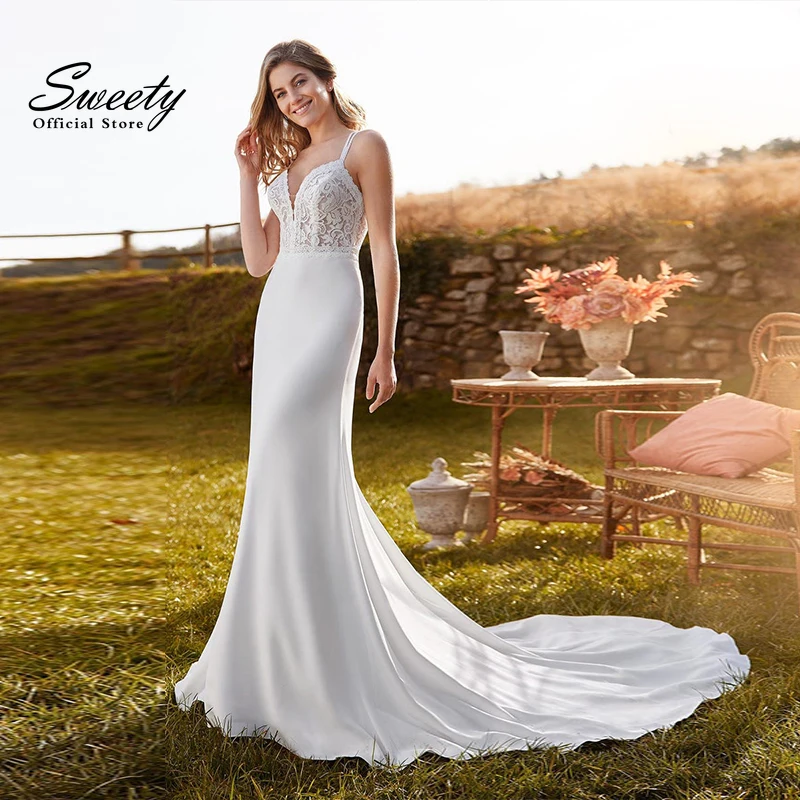 Elegant Mermaid Wedding Dress Soft Satin With Lace A-line Floor Length O-neck Nude Sleeveless bridal Backless robes De Marié
Elegant Mermaid Wedding Dress Soft Satin With Lace A-line Floor Length O-neck Nude Sleeveless bridal Backless robes De Marié