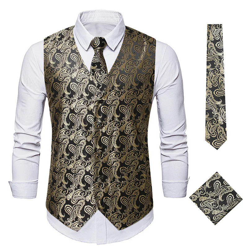 Mens Vest Tie 3pc Set Formal Waistcoat Gold Paisley Floral Jacquard Necktie Pocket Square Suit Vests Party Wedding Tuxedo Vest
Mens Vest Tie 3pc Set Formal Waistcoat Gold Paisley Floral Jacquard Necktie Pocket Square Suit Vests Party Wedding Tuxedo Vest