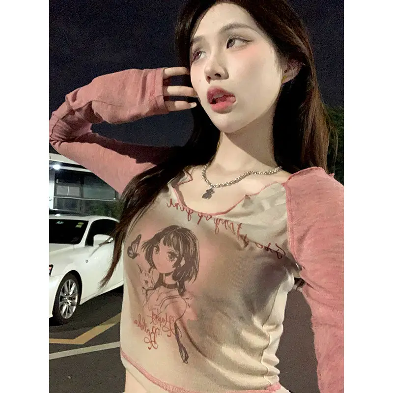 

Женские футболки с длинным рукавом и мультяшным принтом, футболки контрастных цветов, кроп-топы, повседневная Корейская футболка, милые футболки для женщин, 2023