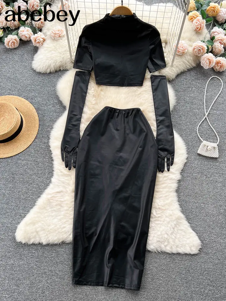Summer Fashion PU Leather Slim Suits Short Sleeve Short T Shirt+Shiny Long Skirt Sets Vacation Sexy Two Pieces Sets
Summer Fashion PU Leather Slim Suits Short Sleeve Short T Shirt+Shiny Long Skirt Sets Vacation Sexy Two Pieces Sets