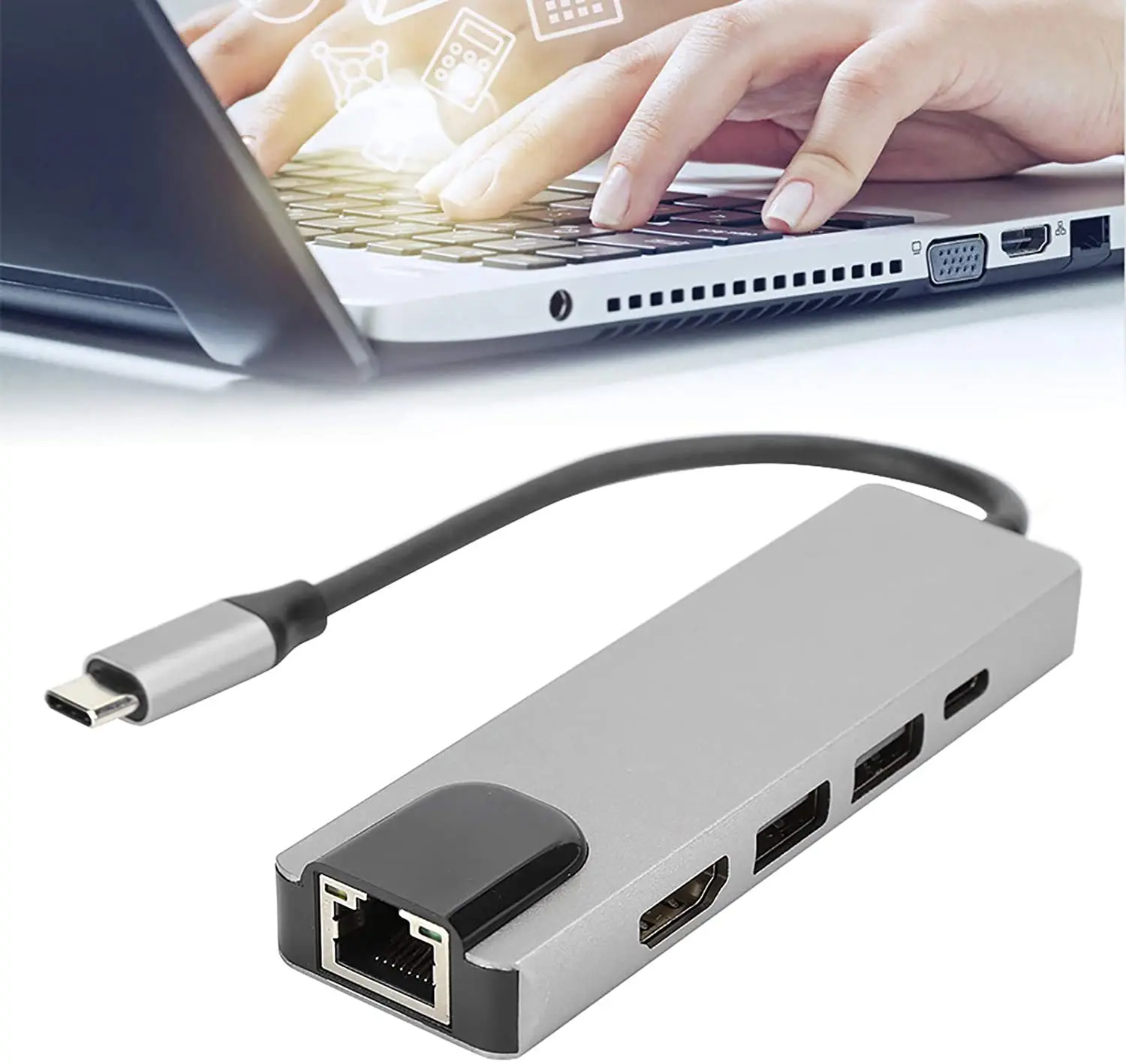 5 in 1 Type-C Hub Hub Multiport Adapter with HDMI 4K USB 3.0 RJ45 Ethernet USB C PD Charging Adapter Laptop PC Accesorios
5 in 1 Type-C Hub Hub Multiport Adapter with HDMI 4K USB 3.0 RJ45 Ethernet USB C PD Charging Adapter Laptop PC Accesorios
