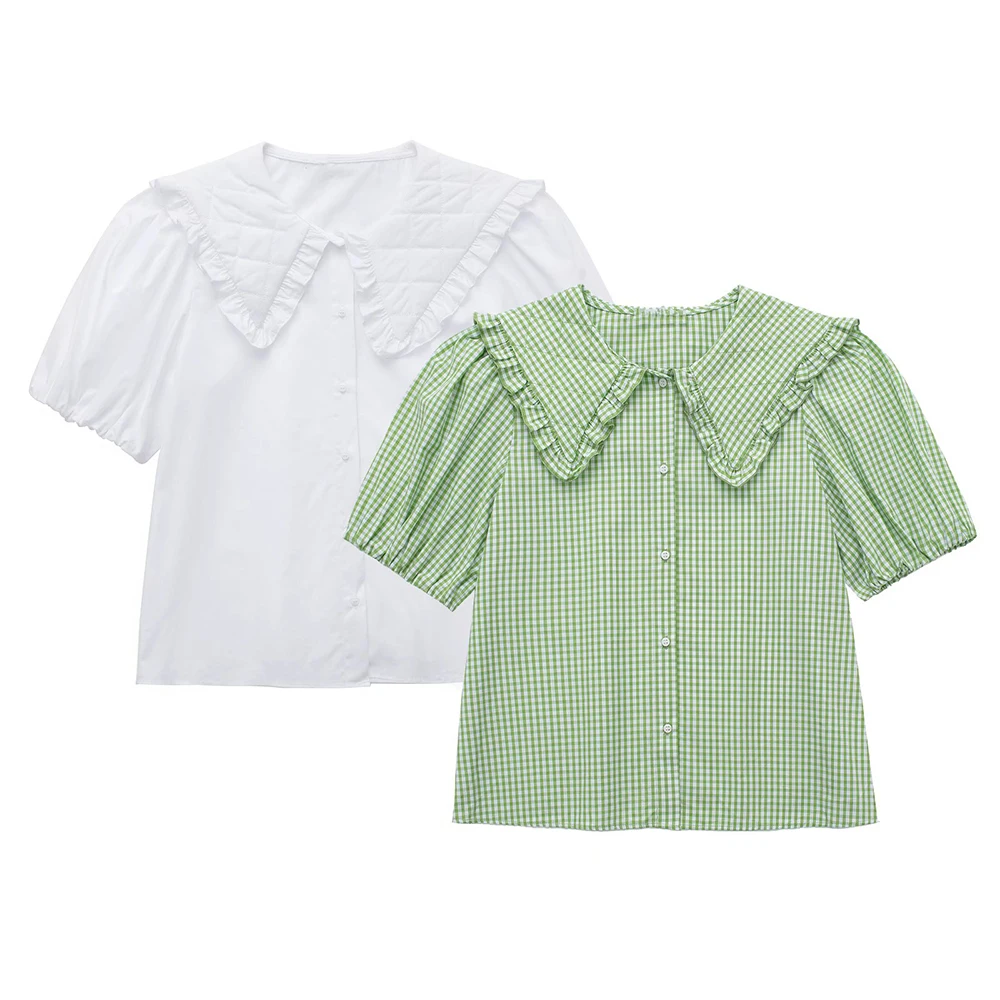 Women's Plaid Poplin Shirt New Fashion Doll Collar Short Sleeves Temperament Chic Retro Short Female Blouse Mujer
Women's Plaid Poplin Shirt New Fashion Doll Collar Short Sleeves Temperament Chic Retro Short Female Blouse Mujer