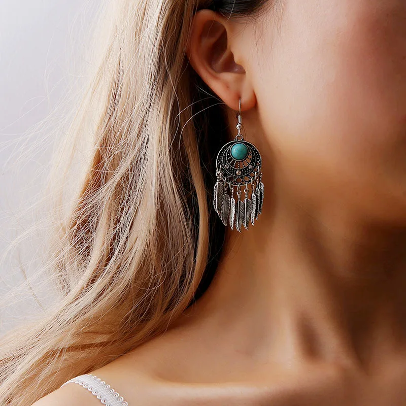 

Vintage Bohemia Leaf Tassel Turquoise Dangle Earrings For Women Fashion Ethnic Geometry Hollow Hook Earring Jewelry Accessories