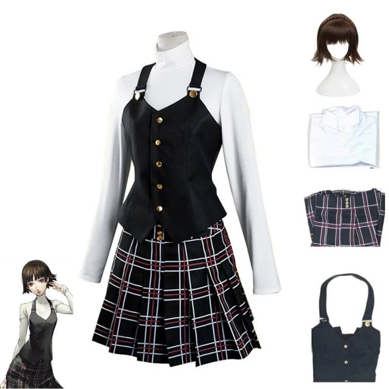 Костюм для косплея аниме Persona Makoto Niijima, трикотажный топ с длинным рукавом, юбка с принтом, чулки, жилет, парик, японская школьная форма
Костюм для косплея аниме Persona Makoto Niijima, трикотажный топ с длинным рукавом, юбка с принтом, чулки, жилет, парик, японская школьная форма