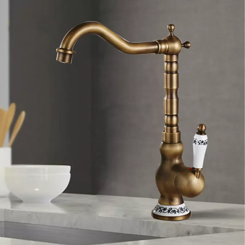 Antique Brass Kitchen Faucet Hot & Cold Mixer Tap Single Hole Bathroom Faucet Rotatable crane Blue and white porcelain handle
Antique Brass Kitchen Faucet Hot & Cold Mixer Tap Single Hole Bathroom Faucet Rotatable crane Blue and white porcelain handle
