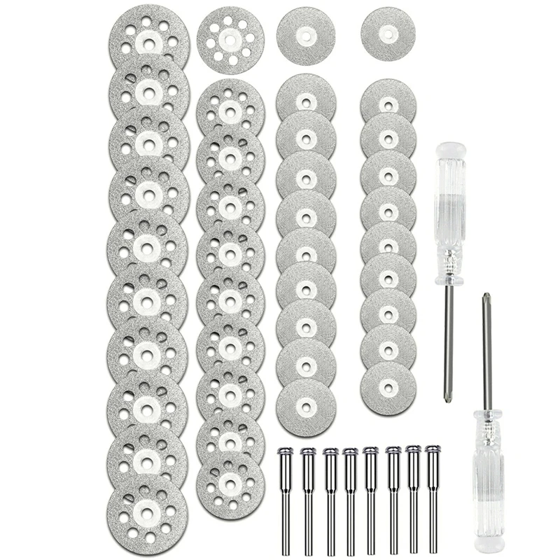 40Pcs Diamond Cutting Wheels (25Mm/22Mm/18Mm/16Mm Each 10) & 8Pcs 3Mm Mandrel With 2 Screwdrivers For Dremel Rotary Tool
40Pcs Diamond Cutting Wheels (25Mm/22Mm/18Mm/16Mm Each 10) & 8Pcs 3Mm Mandrel With 2 Screwdrivers For Dremel Rotary Tool