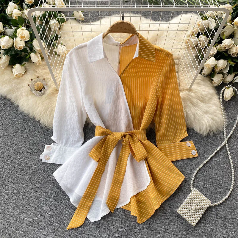 Vintage White Striped Patchwork Irregular Tie Belt Blouse Women 2022New Summer Elegant Turn-Down Collar Female Casual Shirt Tops
Vintage White Striped Patchwork Irregular Tie Belt Blouse Women 2022New Summer Elegant Turn-Down Collar Female Casual Shirt Tops