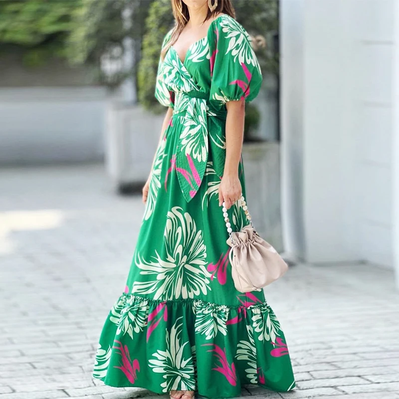 Ellafads Women Maxi Dress Summer Fashion Casual Print Tie Up Short Puff Sleeve V Neck Long Skirt High Streetwear
Ellafads Women Maxi Dress Summer Fashion Casual Print Tie Up Short Puff Sleeve V Neck Long Skirt High Streetwear