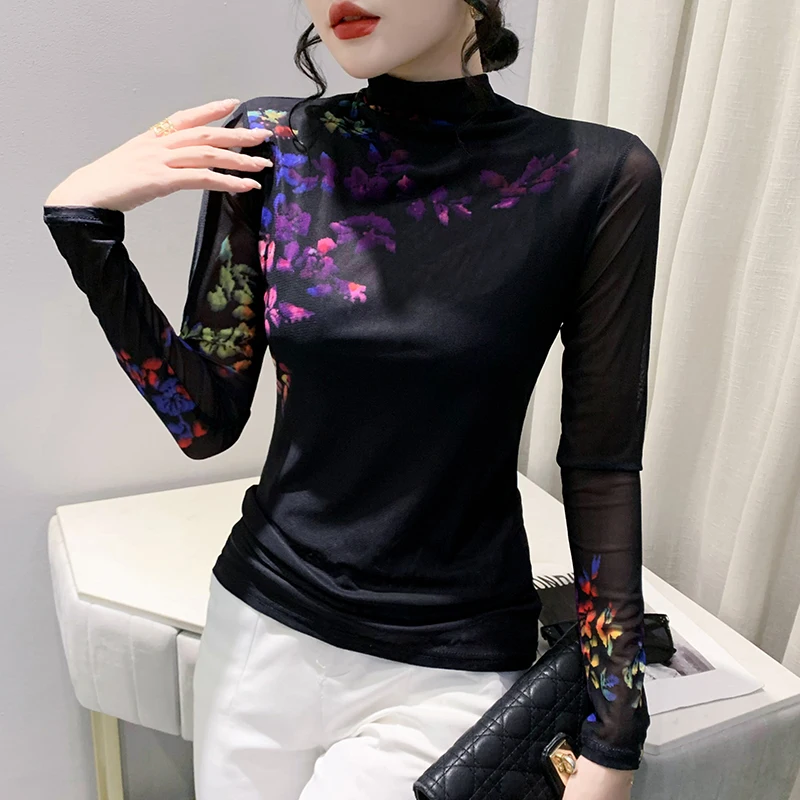 2023 Spring/Autumn Long Sleeve High Neck Printed T-shirt Mesh Slim Fit Positioning Flower Women's Vintage Clothes Y2k Tops Korea
2023 Spring/Autumn Long Sleeve High Neck Printed T-shirt Mesh Slim Fit Positioning Flower Women's Vintage Clothes Y2k Tops Korea