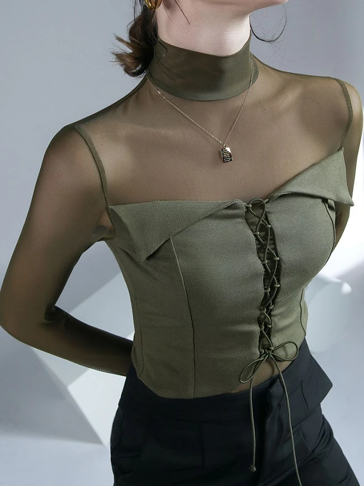 Fashion Mesh T Shirt Girls Lace-up Turtleneck Patchwork High Stretch Autumn Tee Shirts Women Trend Top
Fashion Mesh T Shirt Girls Lace-up Turtleneck Patchwork High Stretch Autumn Tee Shirts Women Trend Top