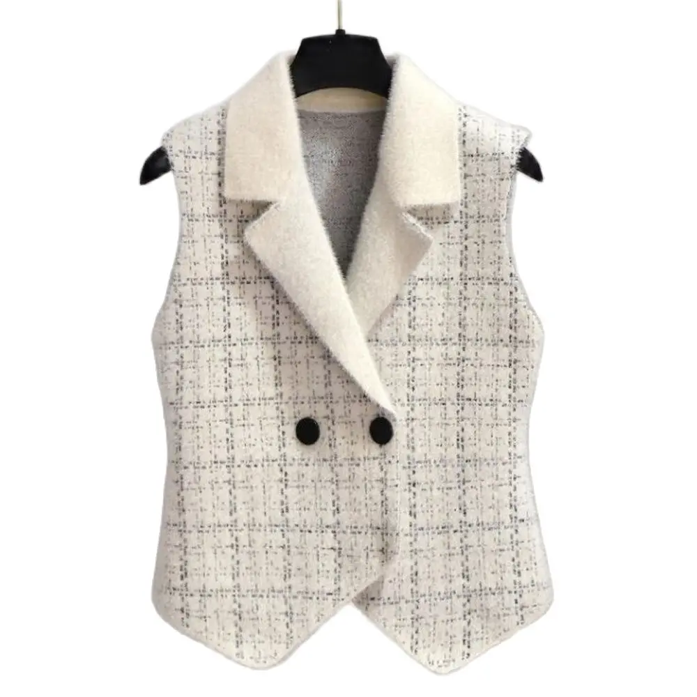 

Plaid Imitation Mink Vest Coats Women Slim Vintage Sleeveless Sweater Crop Tops Spring Fall Chic Knitted Waistcoats Outwear Tops