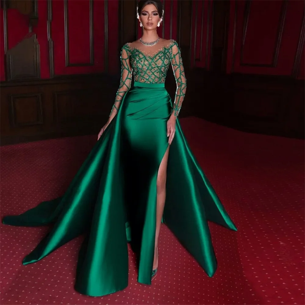 Elegant Mermaid Prom Dresses 2022 Emerald Green Formal Full Long Sleeves Satin Sexy Slit Beads Evening Party Gowns
Elegant Mermaid Prom Dresses 2022 Emerald Green Formal Full Long Sleeves Satin Sexy Slit Beads Evening Party Gowns