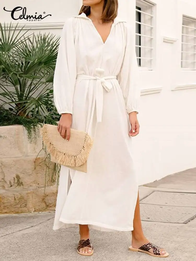 

Celmia Resort Long Sleeve Long Dresses Women Leisure Soild Color Slit Hem Maxi Dress Belted V Neck 2023 Summer Casual Loose Robe