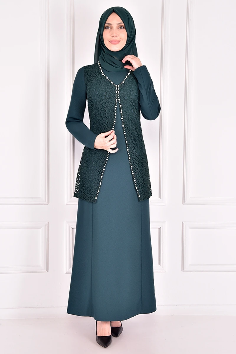 

Pearl Detail Dress Emerald Occasion Dresses For Women Abaya Dress Muslim Woman Dress Saudi Arabian Abaya İslamic Abaya ASM2386