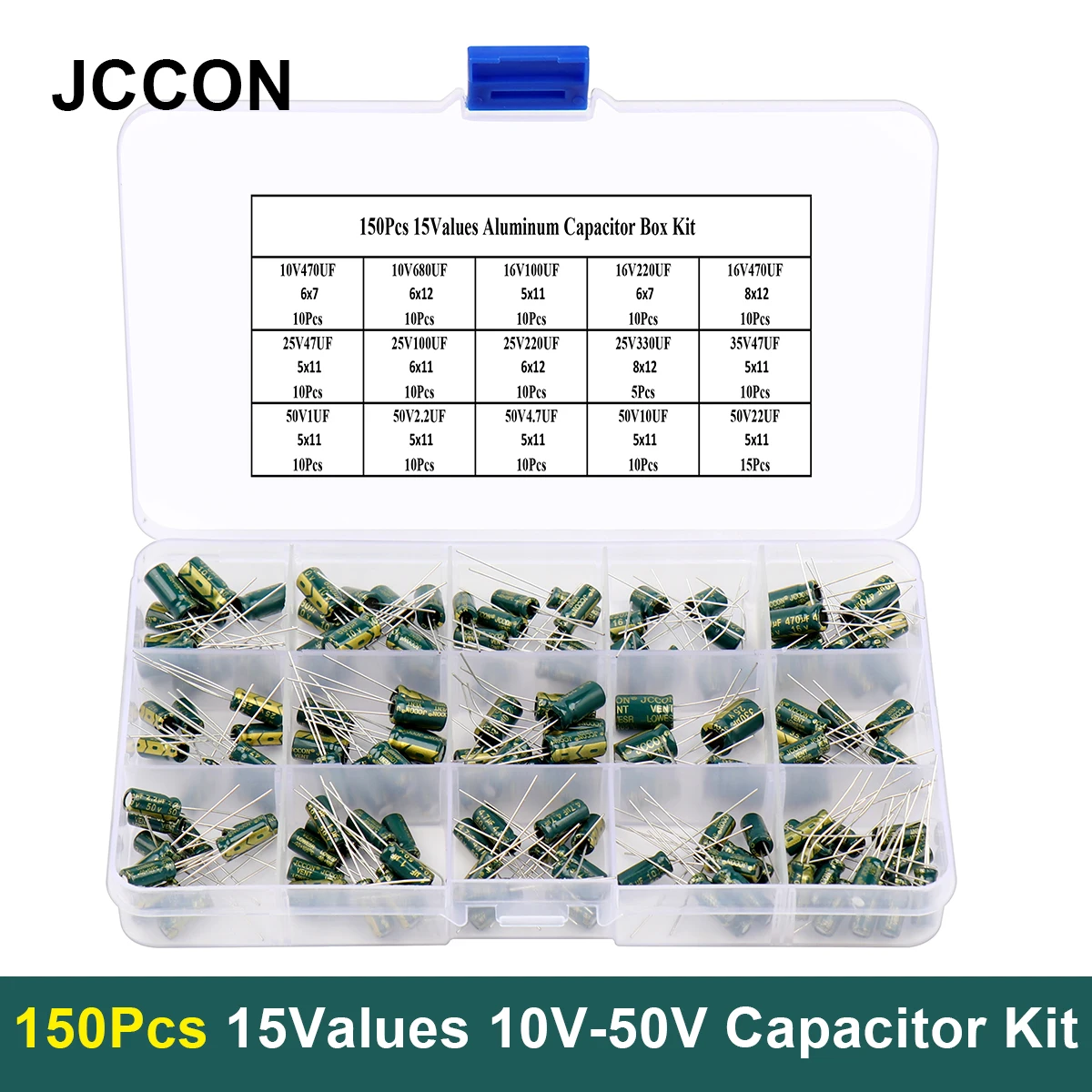 150Pcs/Box JCCON Aluminum Electrolytic Capacitor Kit 15Values 10-50V Capacitors Assorted Kit Repair DIY High Frequency Low ESR
150Pcs/Box JCCON Aluminum Electrolytic Capacitor Kit 15Values 10-50V Capacitors Assorted Kit Repair DIY High Frequency Low ESR