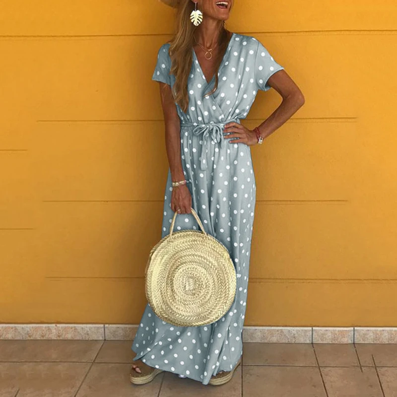 Женское платье-макси в горошек, с поясом и V-образным вырезом
Женское платье-макси в горошек, с поясом и V-образным вырезом