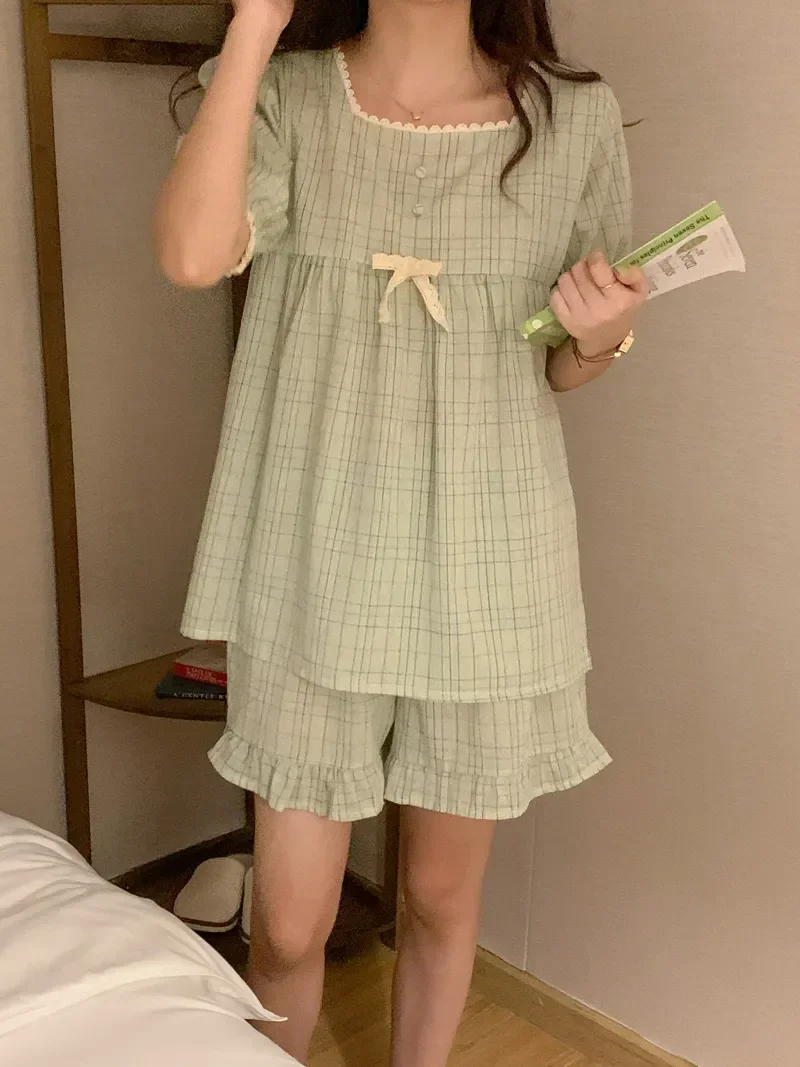 Summer Pajama Lace Blouse+shorts Sleeve Set Suit Men Sets Couple Short Women Sleepwear Cotton Casual Plaid Two Piece Home
Summer Pajama Lace Blouse+shorts Sleeve Set Suit Men Sets Couple Short Women Sleepwear Cotton Casual Plaid Two Piece Home