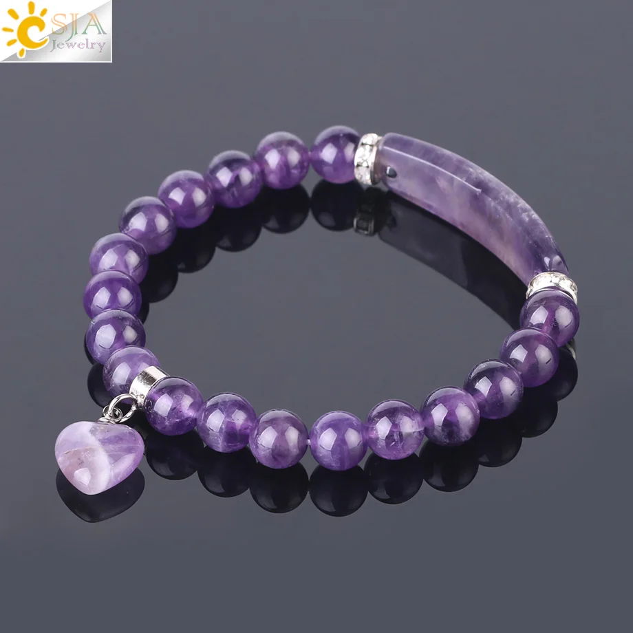 

CSJA Purple Crystal Quartz Amethysts Bracelets Natural Round Beads Bangle Women's Hand Bracelet for Anxiety Real Gem Stone F561