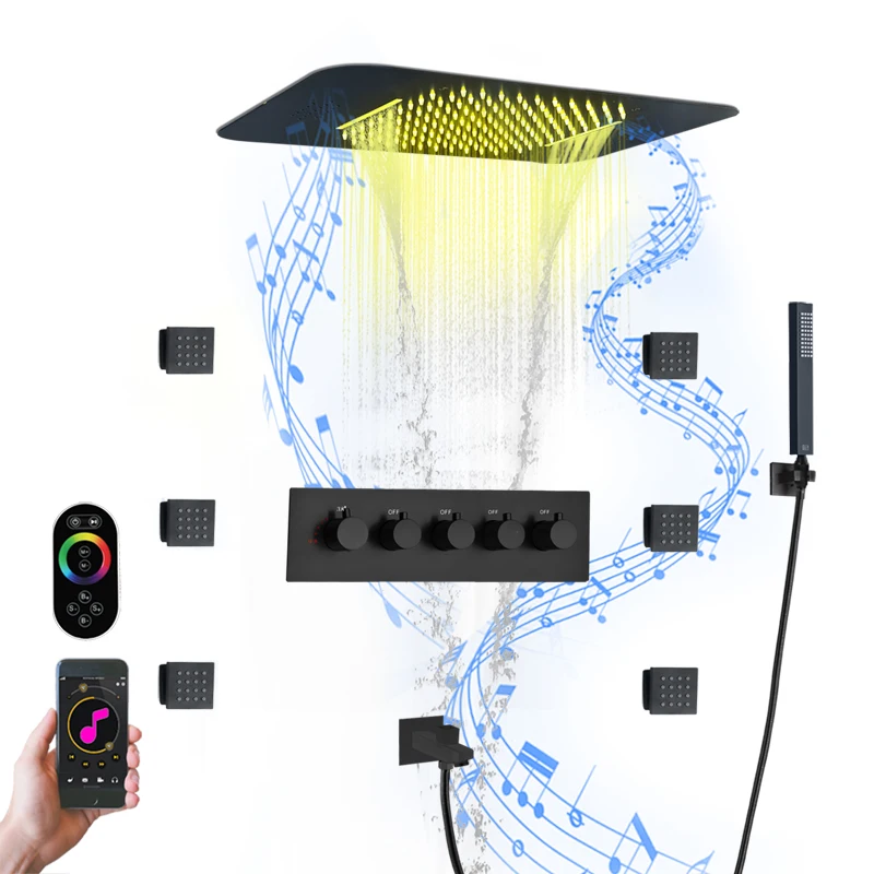 Ceiling Mounted 23*15 Inch Rain and Waterfall Shower Head With Music Speaker Bathroom Thermostatic LED Shower Faucet Set
Ceiling Mounted 23*15 Inch Rain and Waterfall Shower Head With Music Speaker Bathroom Thermostatic LED Shower Faucet Set