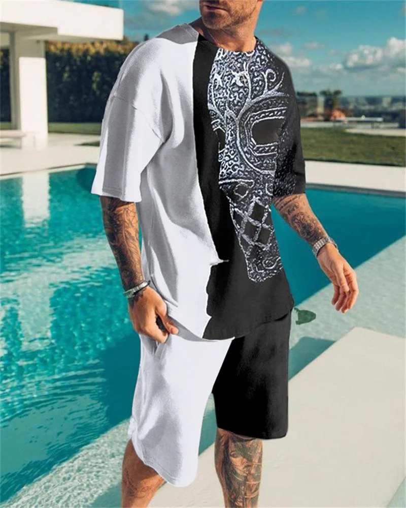 Костюм спортивный мужской оверсайз винтажная рубашка и шорты с 3D-принтом