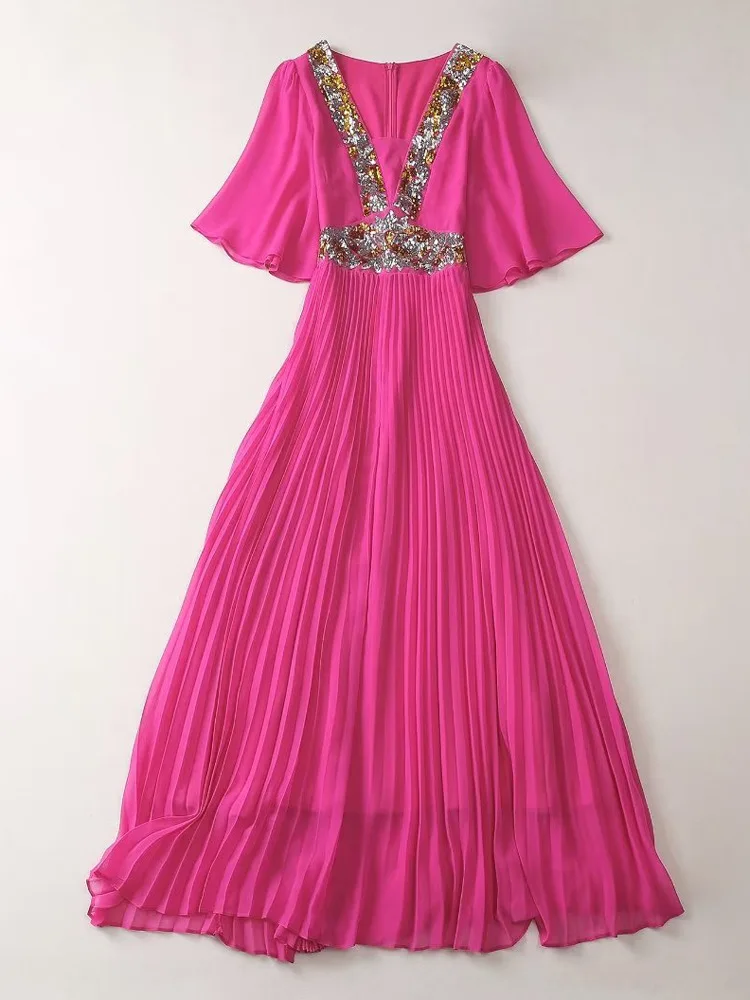 Fashion Rose Georgette Runway Dresses Summer Women Short Sleeve V Neck Sequined Elegant Long Vestidos Party Vacation
Fashion Rose Georgette Runway Dresses Summer Women Short Sleeve V Neck Sequined Elegant Long Vestidos Party Vacation