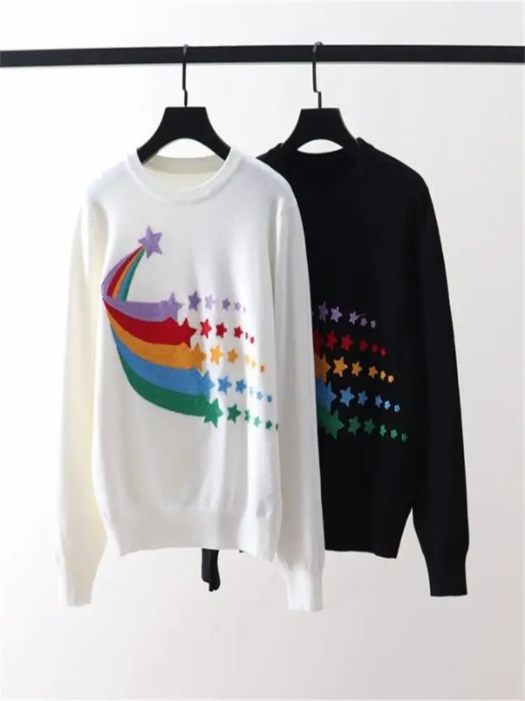 New Spring Winter Wool Fashion Rainbow Flower Flocking Embroidery Stars Long Sleeve Knit Sweater
New Spring Winter Wool Fashion Rainbow Flower Flocking Embroidery Stars Long Sleeve Knit Sweater