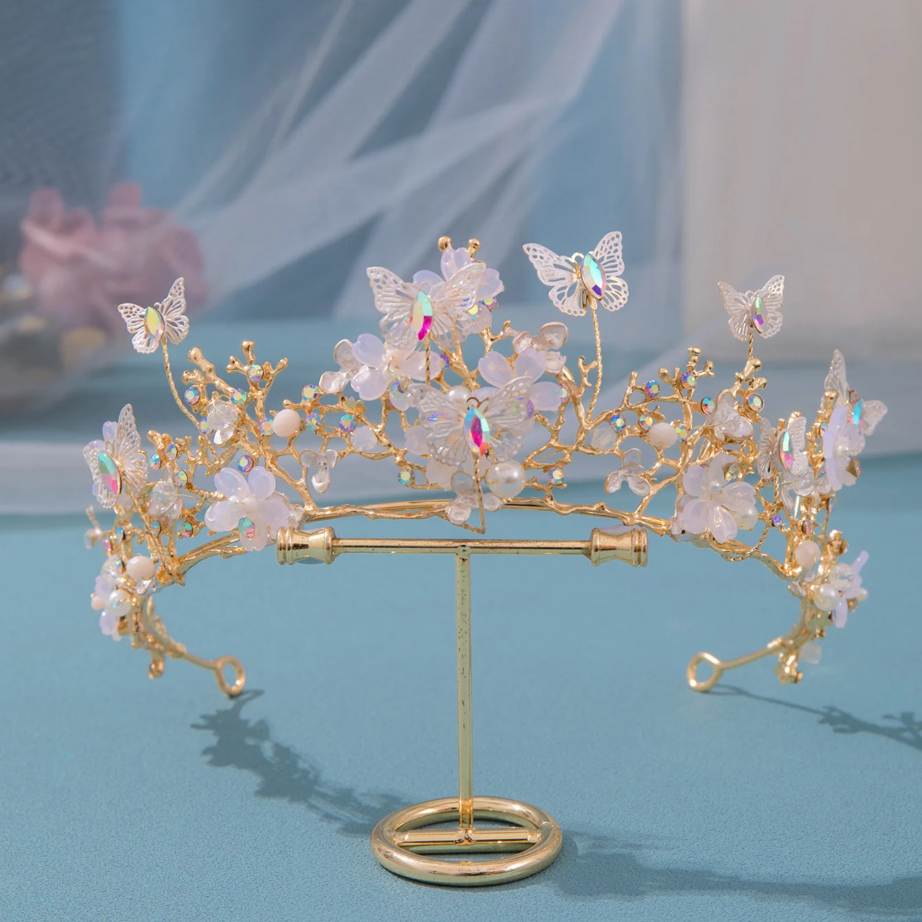 

KMVEXO Baroque Butterfly Pearl Crystal AB Crown Tiara Rhinestone Hairband Wedding Hair Accessories Princess Bridal Headpieces