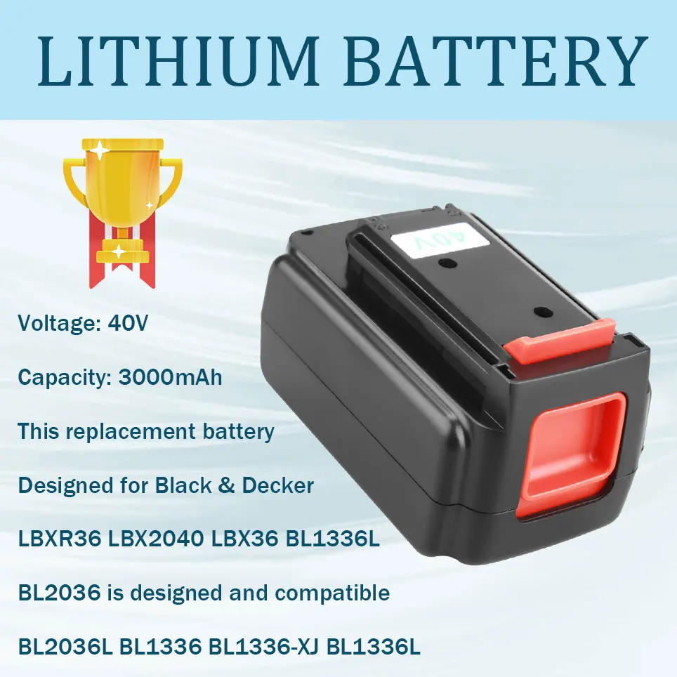 Сменная литиевая батарея, 3000 мАч, Black and Decker LBX2540, LBX2040, LBX1540, LBXR36, LBX36, LBXR2036, 40 в
Сменная литиевая батарея, 3000 мАч, Black and Decker LBX2540, LBX2040, LBX1540, LBXR36, LBX36, LBXR2036, 40 в